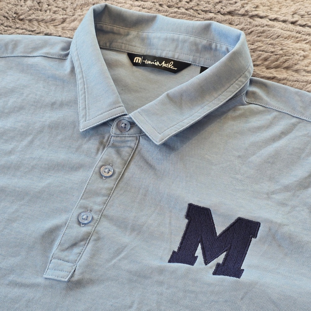 Travis Mathew Mens XL Light Blue  Heathered Polo Shirt Michigan Logo Embroidered